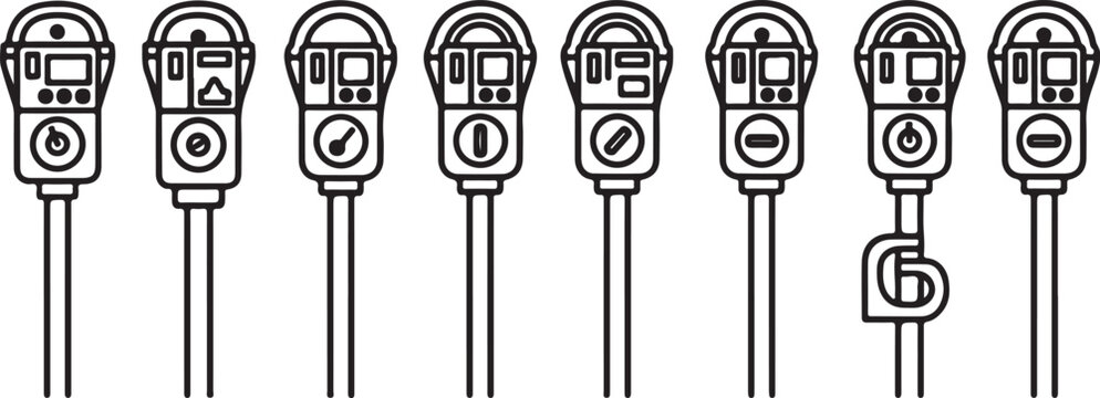 Various styles of parking meters illustrated in a line-up Vector