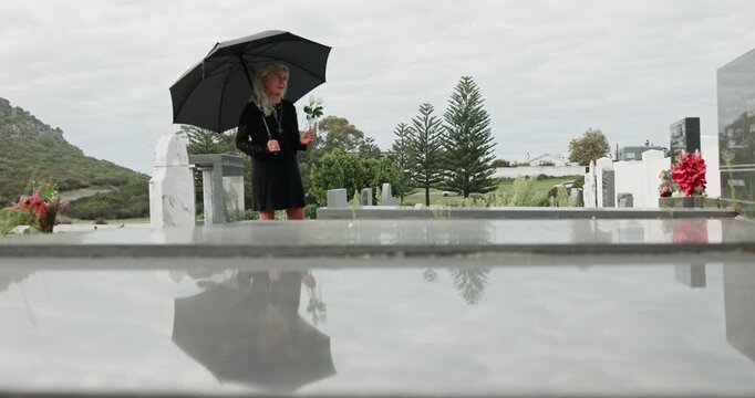 Mourning, graveyard and senior woman by tombstone for loss, death and grief at funeral or memorial service. Ceremony, widow and person with umbrella in cemetery for goodbye, memory and farewell