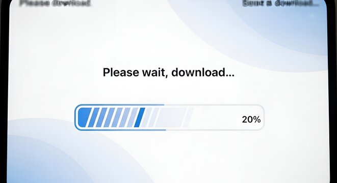 A computer screen displays a loading bar with a progress indicator