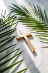 Gold cross on white marble background with green palm leaves for good friday and jesus christ crucifixion sacrifice holy week spiritual religious christian faith concept