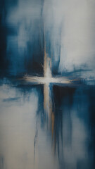 Abstract blue and white painted cross artwork for good friday and jesus christ spiritual divine message artistic religious symbol for church media and christian posters