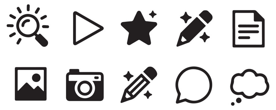 Universal interface icon set featuring search play star pencil document photo and thought bubble