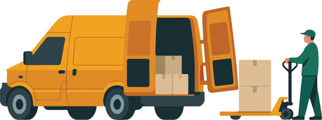 Flat vector illustration of a delivery worker loading cardboard boxes into an orange cargo van isolated on white background, © MdLabib
