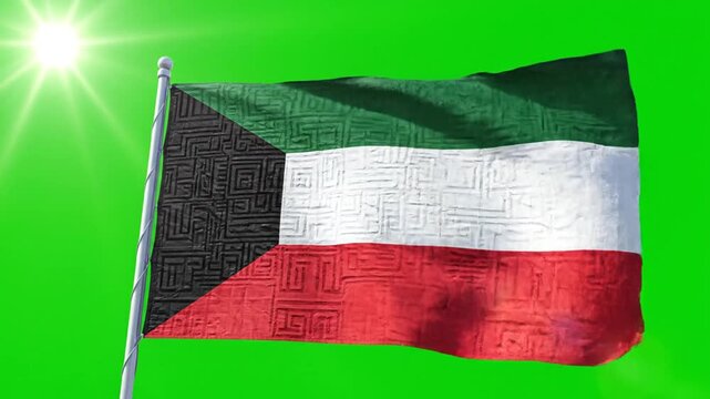 Kuwaiti flag waving on green screen background in slow motion, seamless loop, national symbol,