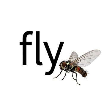 A closeup of a fly next to the word fly.