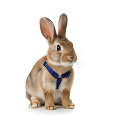 Obraz premium A cute brown rabbit wearing a blue harness isolated on a white background.