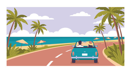Naklejka premium Couple driving a convertible car on a scenic tropical coastal road
