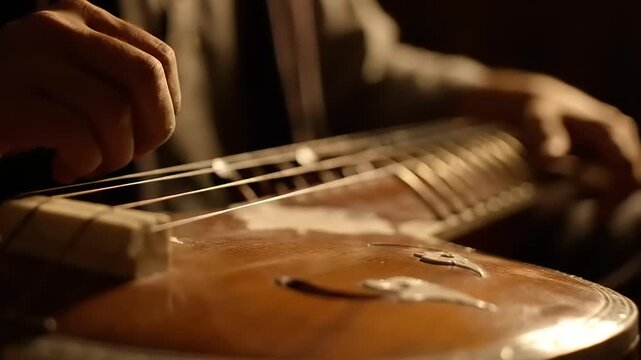 Close-up of hands playing a traditional Indian string instrument.