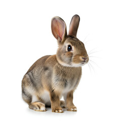 Obraz premium A cute young rabbit sits attentively on a white background.