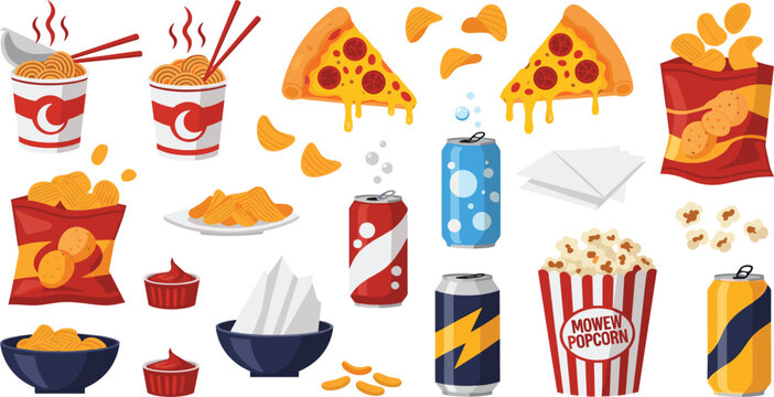 Fast Food Snack Vector Set with Pizza Slices, Potato Chips, Popcorn, Noodles Cups and Soda Drink Cans
