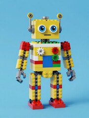 Fototapeta premium Cute Yellow Robot Built From Colorful Blocks Standing on Blue Background
