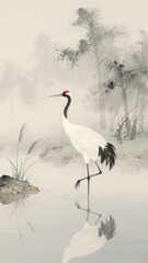 Obraz premium Elegant Watercolor Illustration of a Crane Standing in Water with Bamboo and Misty Scenery