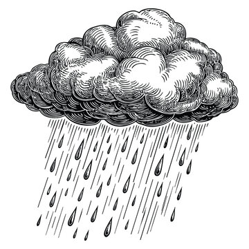 Rain drops falling from dark rain cloud black and white outline line art drawing weather themed illustration