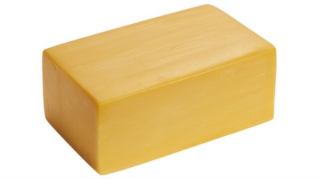 Solid block of yellow cheddar cheese isolated on a white background, dairy product for cooking and snacking