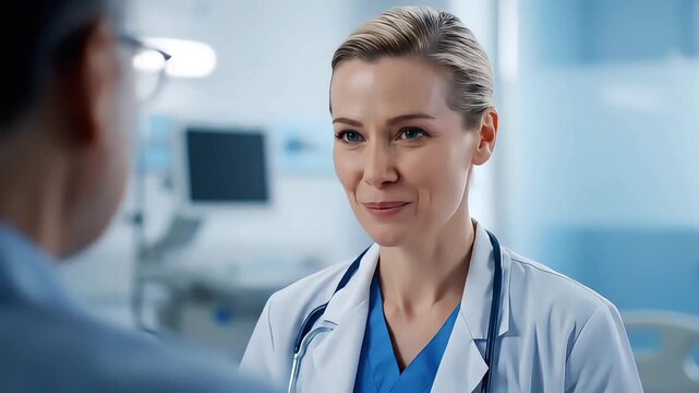 A compassionate young female doctor having an empathy moment with a patient in a hospital setting with soft focus background