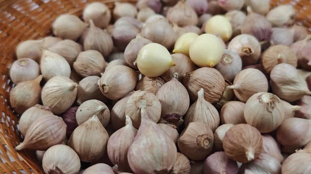 Single clove garlic herb in a basket.