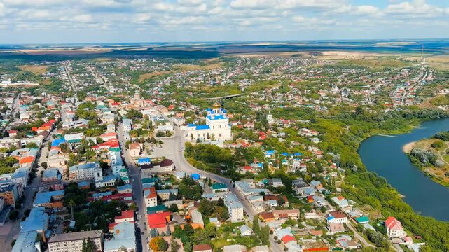 Yelets, Lipetsk region, Russia. Cathedral of the Ascension. Sosna river. Historic city center. Drone footage, Point of interest