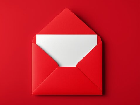 Open red envelope with white blank letter inside. Business post mail concept. Communication sending message, invitation. Perfect for Valentine Day, New Year, Christmas, birthday celebration