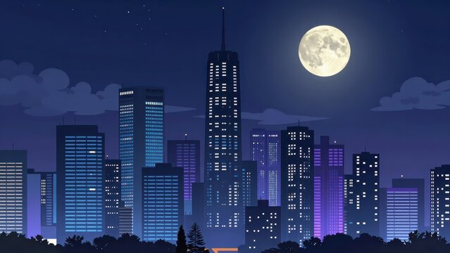 Illustration of a Modern City Skyline at Night under a Full Moon with a Dark Gradient Background