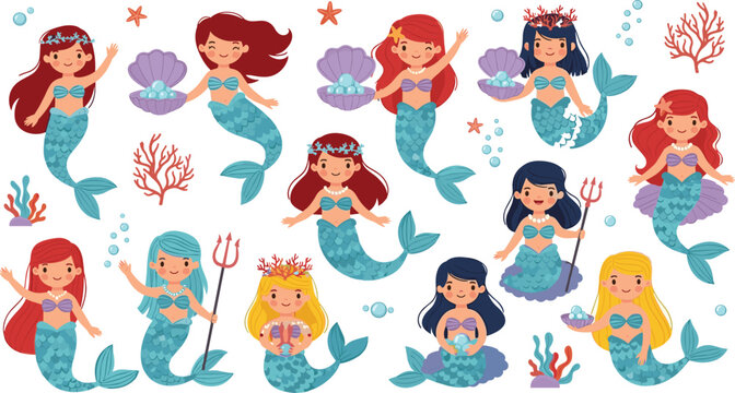 Cute Mermaid Cartoon Character Vector Set Featuring Little Ocean Princesses with Seashells, Pearls, Coral Reef, and Underwater Sea Life Elements