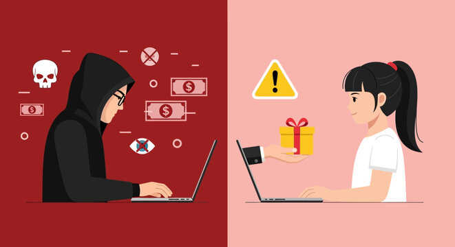 Cyber Security and Online Child Safety Illustration Showing Hacker Targeting a Young Girl with a Phishing Gift through Laptop Screen