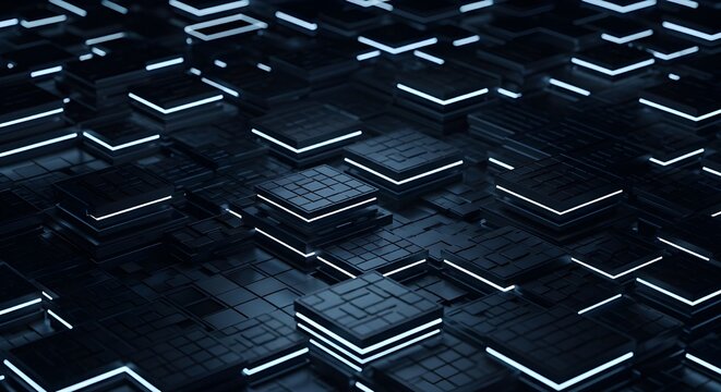 Abstract 3D futuristic microchip blocks with blue glowing edges on dark tech background