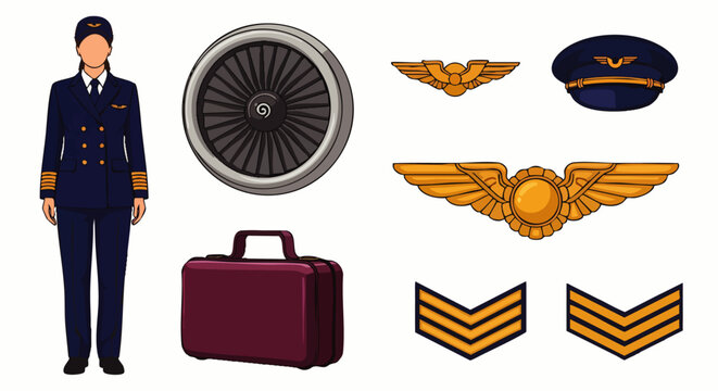 Female Pilot Uniform and Aviation Accessories Set: Professional Hat, Golden Wings, Rank Insignia, Briefcase, and Jet Engine Illustration