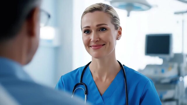 A compassionate young nurse in blue scrubs shares an empathy moment with a patient in a hospital setting with soft lighting