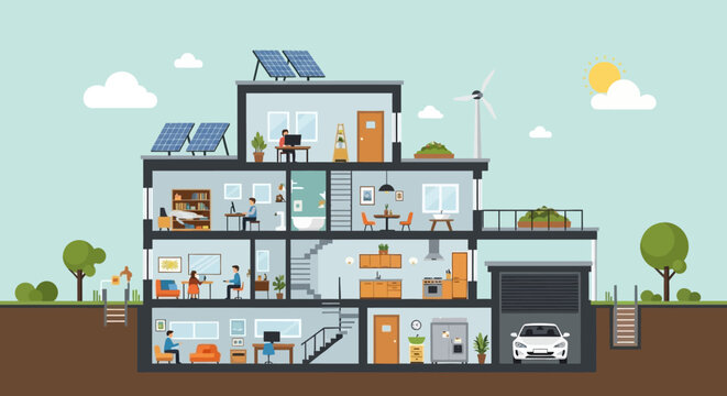 Modern Sustainable Smart Home Cross Section with Solar Panels, Wind Turbine, and Electric Car in Garage for Green Living and Renewable Energy Concept Vector Illustration