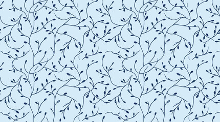 Seamless pattern of minimalist dark blue leafy branches on light blue © StockStudio