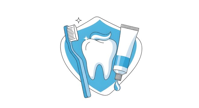 Dental health concept featuring a clean white tooth with toothpaste on a blue protective shield, including a toothbrush and toothpaste tube. Vector illustration for oral hygiene.
