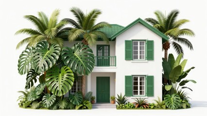 Fototapeta premium Tropical House Surrounded by Lush Green Palm Trees and Plants, 3D Rendering for Real Estate