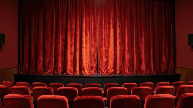 Theater Auditorium with Red Velvet Curtains and Rows of Red Seats in a Movie Theater