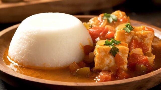 Traditional african or brazilian fish stew (moqueca) with coconut milk and vegetables, served alongside a dense mound of fufu or pir��o staple food on a rustic wooden pl