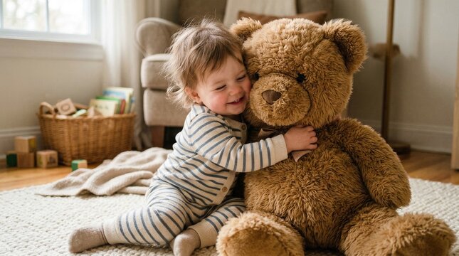 Toddler boy hugging teddy bear while sitting on carpet indoors  