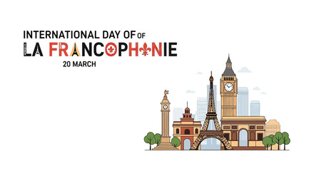 Naklejka premium Illustration celebrating International Day of La Francophonie with iconic buildings and landmarks on a white background, symbolizing French language and culture.