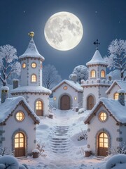 Fototapeta premium Whimsical Winter Village under Full Moon with Snow-Covered Houses and Glowing Windows