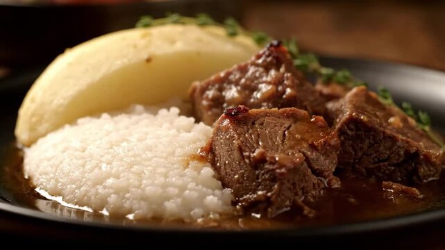 Closeup of traditional african beef stew (potjiekos) with rich brown gravy served alongside white pap (mieliepap/corn porridge) and a smooth side dish on a black plate.