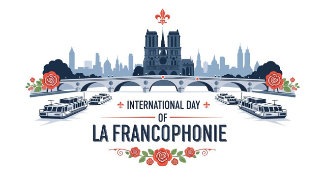 Vector illustration design celebrating International Day of La Francophonie with a cityscape, bridge, and floral elements on a white background.