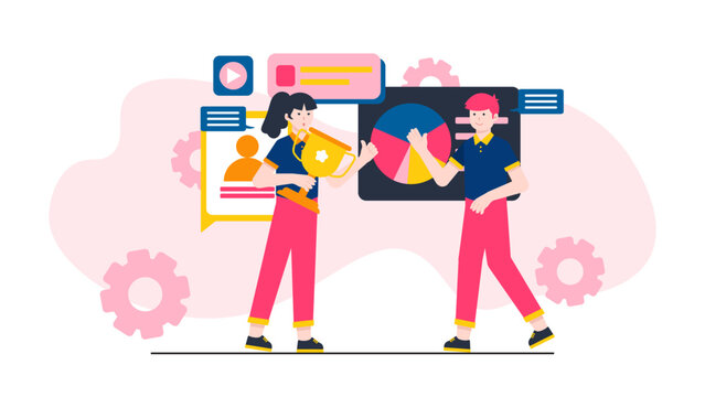 Employees receiving achievement awards and golden trophy for outstanding business performance and success