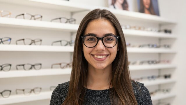 Young Woman Wearing Glasses in an Eyewear Store with Frames Displayed on Shelves