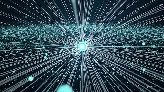 Abstract glowing sphere emitting light and energy particles in a dark space