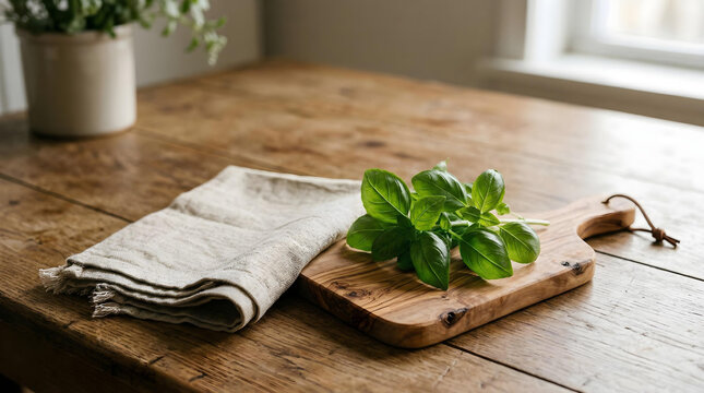 Photorealistic Wooden Cutting Board and Fresh Herbs Still Life on Neutral Kitchen Table