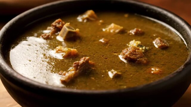 Hearty and savory meat stew served in a rustic dark earthenware bowl. close-up view of the rich, thick broth filled with tender beef chunks and potato, emphasizing traditional comfort food.