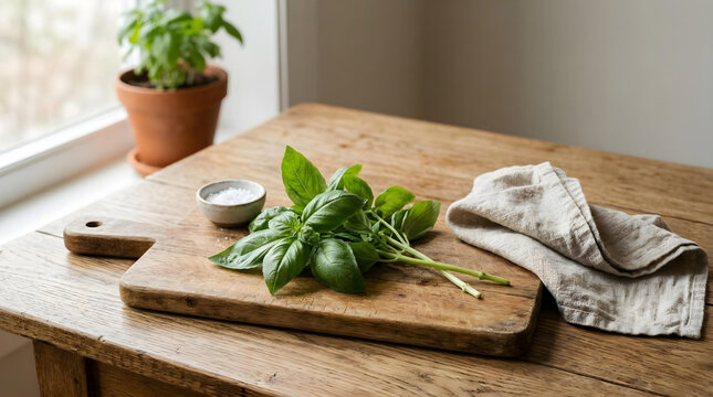 Photorealistic Wooden Cutting Board and Fresh Herbs Still Life on Neutral Kitchen Table