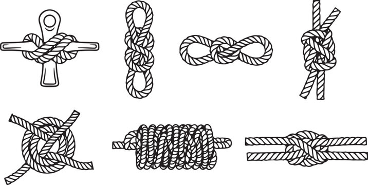Illustrations of various types of knots used in rope work and sailing Vector