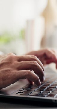 Hands, laptop and typing in home office for remote work, report or fact check for news. Computer, person and freelance journalist with keyboard for story, review research and headline for article