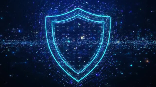 Glowing blue shield icon on a dark background with digital particles and a white banner at the bottom, conveying a sense of security and technology.