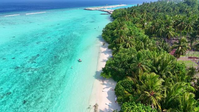 Drone view of a tropical paradise on Thoddoo Island, featuring white sand, vibrant greenery, and crystal-clear sea.