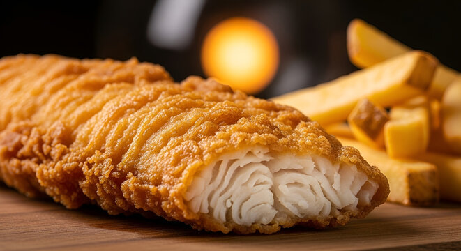 Classic Fish and Chips Close-up - Golden Fried Batter and Flaky White Fish
